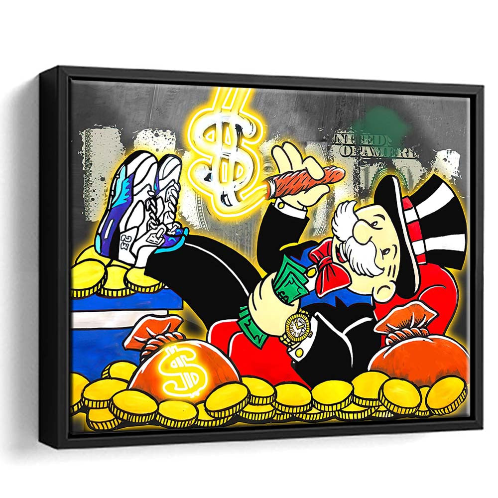 Mr. Monopoly Luxury Life Art Print, Framed Canvas Print Wall Art Decor, Floating Frame, Neon Effect Art