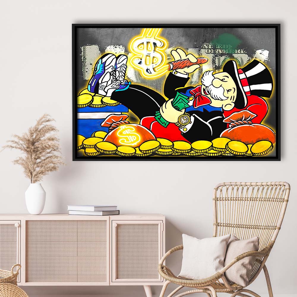 Mr. Monopoly Luxury Life Art Print, Framed Canvas Print Wall Art Decor, Floating Frame, Neon Effect Art