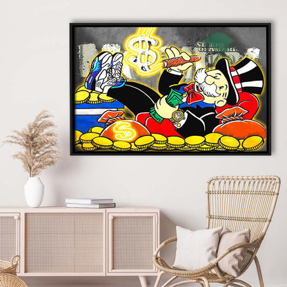 Mr. Monopoly Luxury Life Art Print, Framed Canvas Print Wall Art Decor, Floating Frame, Neon Effect Art
