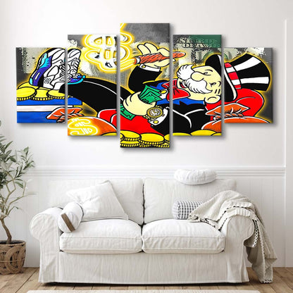 Mr. Monopoly Luxury Life Art Print, 5 Panel Mixed Canvas Print Wall Art, Home Decor, Neon Canvas