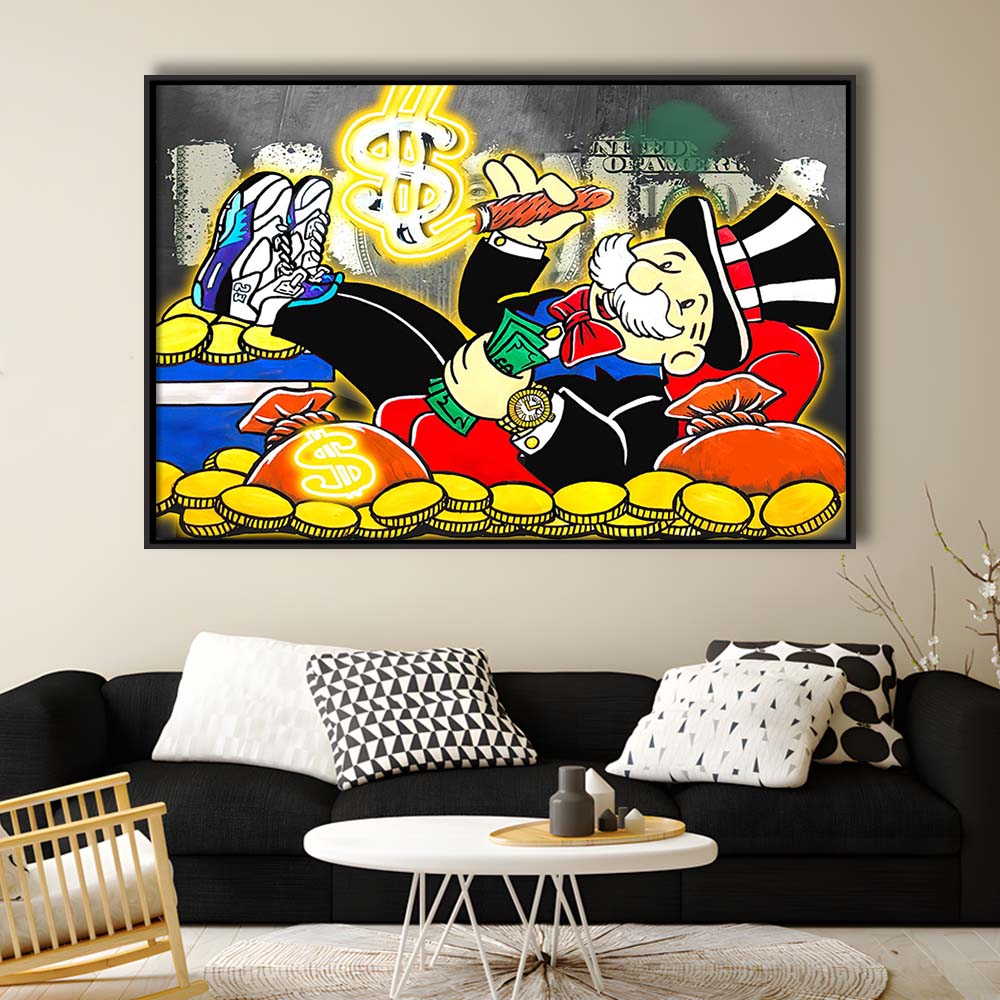 Mr. Monopoly Luxury Life Art Print, Framed Canvas Print Wall Art Decor, Floating Frame, Neon Effect Art