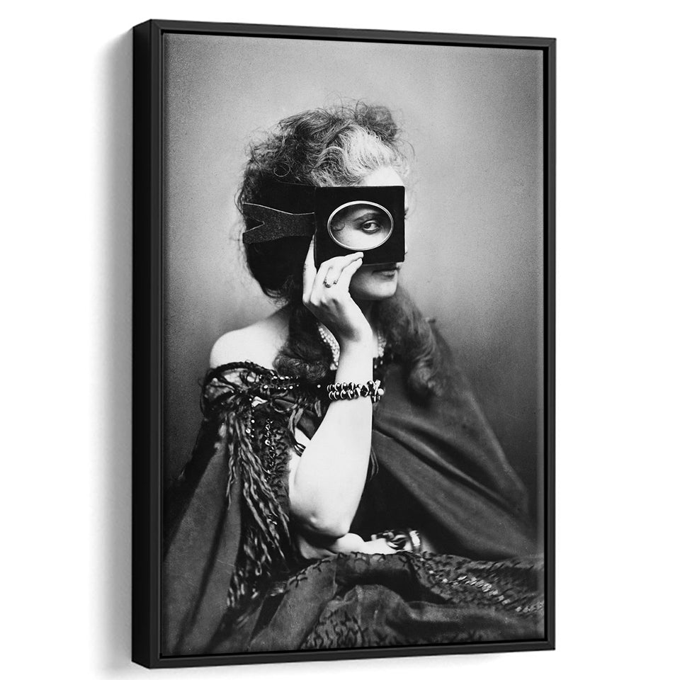 Mysterious Masked Woman Portrait Black and White Art Victorian Photo, Floating Framed Canvas Print