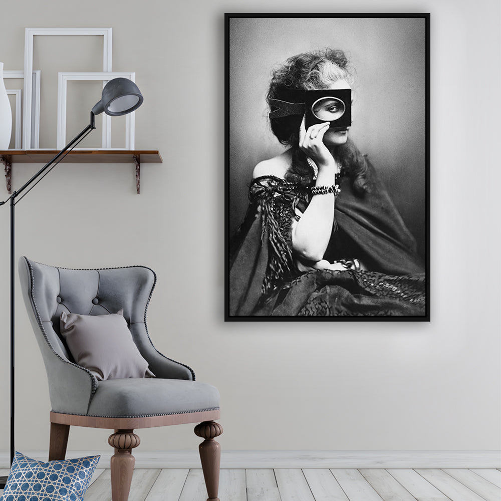 Mysterious Masked Woman Portrait Black and White Art Victorian Photo, Floating Framed Canvas Print