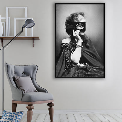 Mysterious Masked Woman Portrait Black and White Art Victorian Photo, Floating Framed Canvas Print