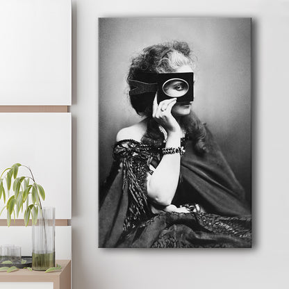 Mysterious Masked Woman Portrait Black and White Art Victorian Photo, Canvas Print Wall Art