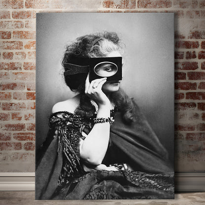 Mysterious Masked Woman Portrait Black and White Art Victorian Photo, Canvas Print Wall Art