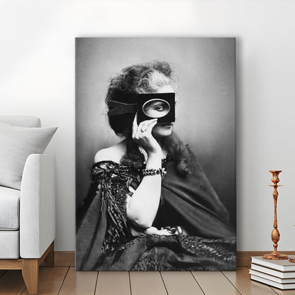 Mysterious Masked Woman Portrait Black and White Art Victorian Photo, Canvas Print Wall Art