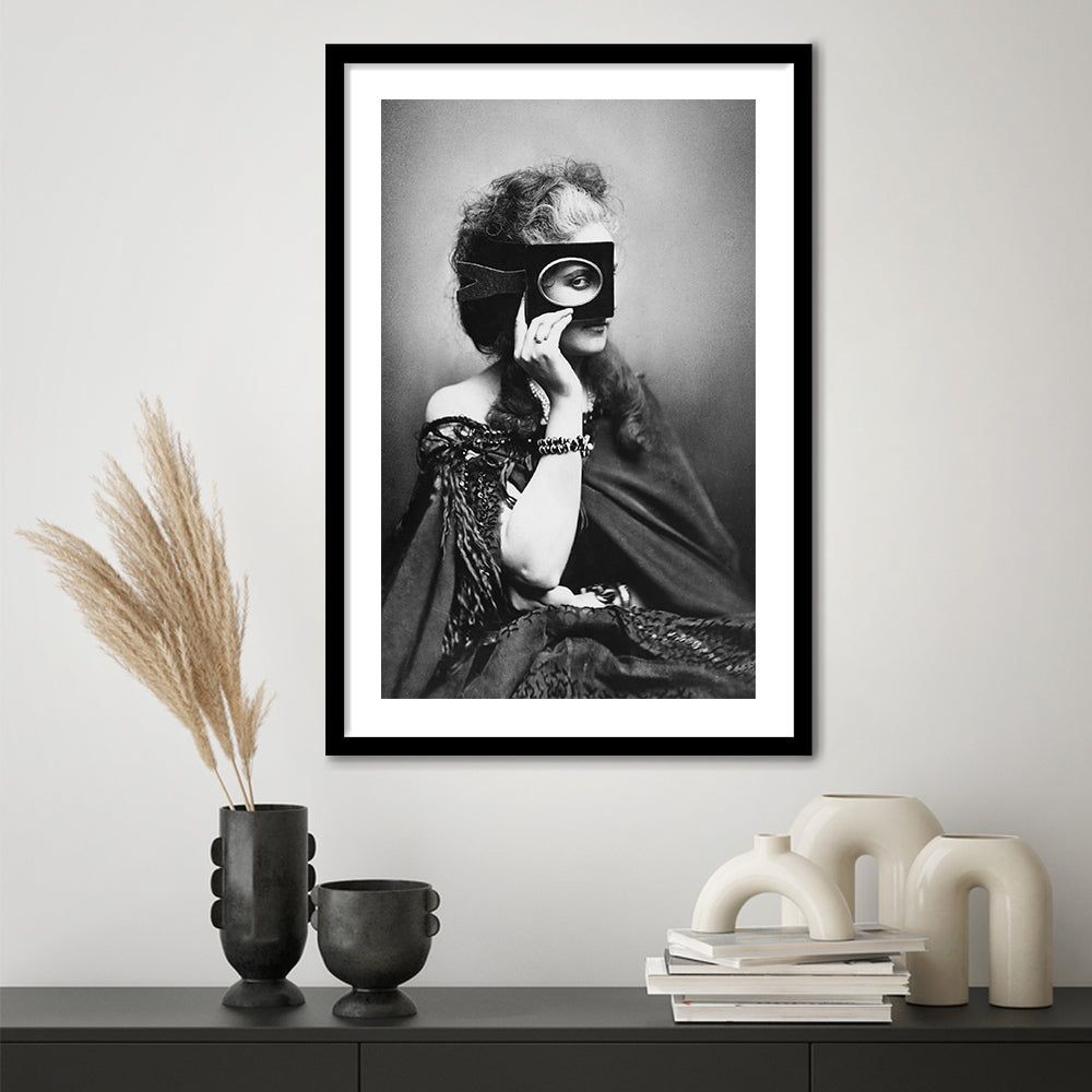 Mysterious Masked Woman Portrait Black and White Art Victorian Photo, Framed Art Print White Border Wall Decor