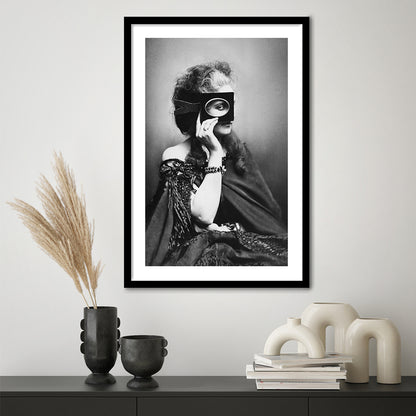 Mysterious Masked Woman Portrait Black and White Art Victorian Photo, Framed Art Print White Border Wall Decor