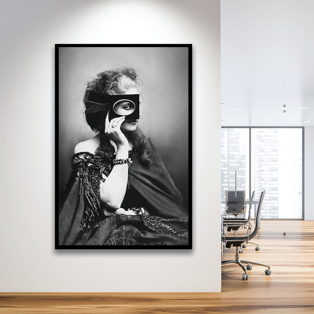 Mysterious Masked Woman Portrait Black and White Art Victorian Photo, Framed Art Print Wall Decor