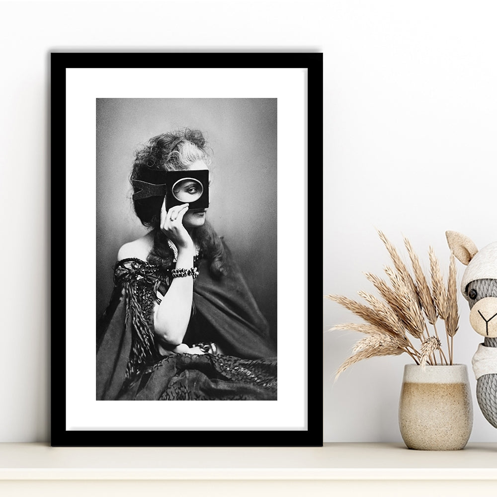 Mysterious Masked Woman Portrait Black and White Art Victorian Photo, Framed Art Print White Border Wall Decor