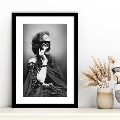 Mysterious Masked Woman Portrait Black and White Art Victorian Photo, Framed Art Print White Border Wall Decor