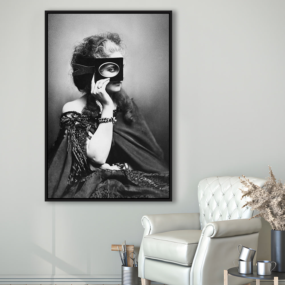 Mysterious Masked Woman Portrait Black and White Art Victorian Photo, Floating Framed Canvas Print