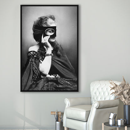 Mysterious Masked Woman Portrait Black and White Art Victorian Photo, Floating Framed Canvas Print