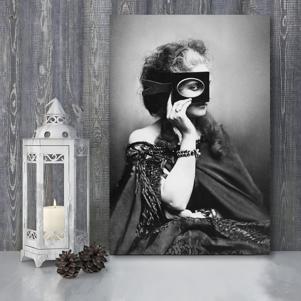 Mysterious Masked Woman Portrait Black and White Art Victorian Photo, Canvas Print Wall Art