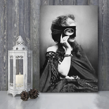 Mysterious Masked Woman Portrait Black and White Art Victorian Photo, Canvas Print Wall Art