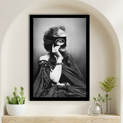 Mysterious Masked Woman Portrait Black and White Art Victorian Photo, Framed Art Print Wall Decor