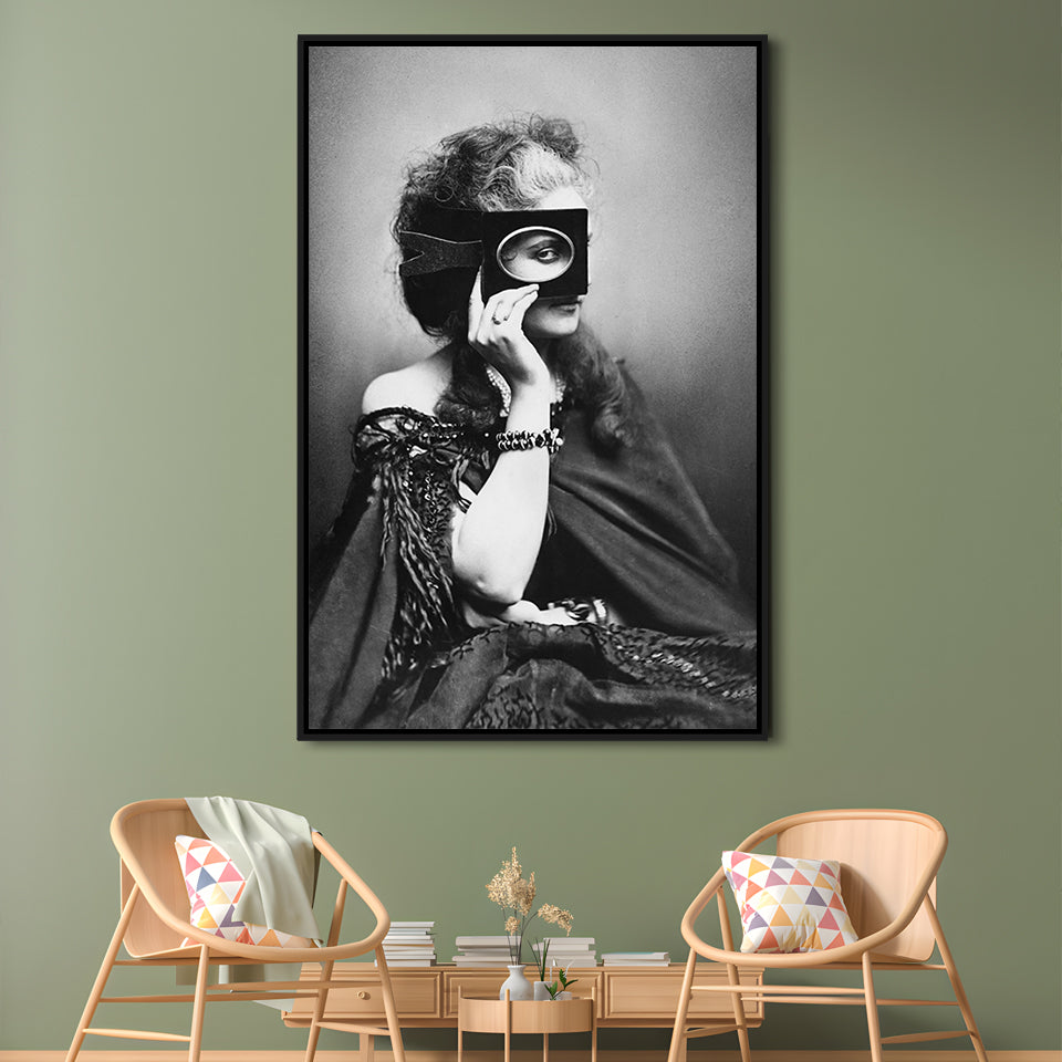 Mysterious Masked Woman Portrait Black and White Art Victorian Photo, Floating Framed Canvas Print