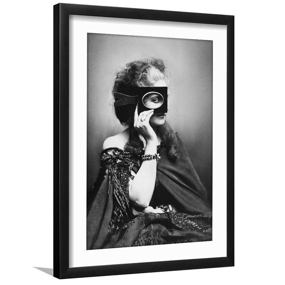 Mysterious Masked Woman Portrait Black and White Art Victorian Photo, Framed Art Print White Border Wall Decor