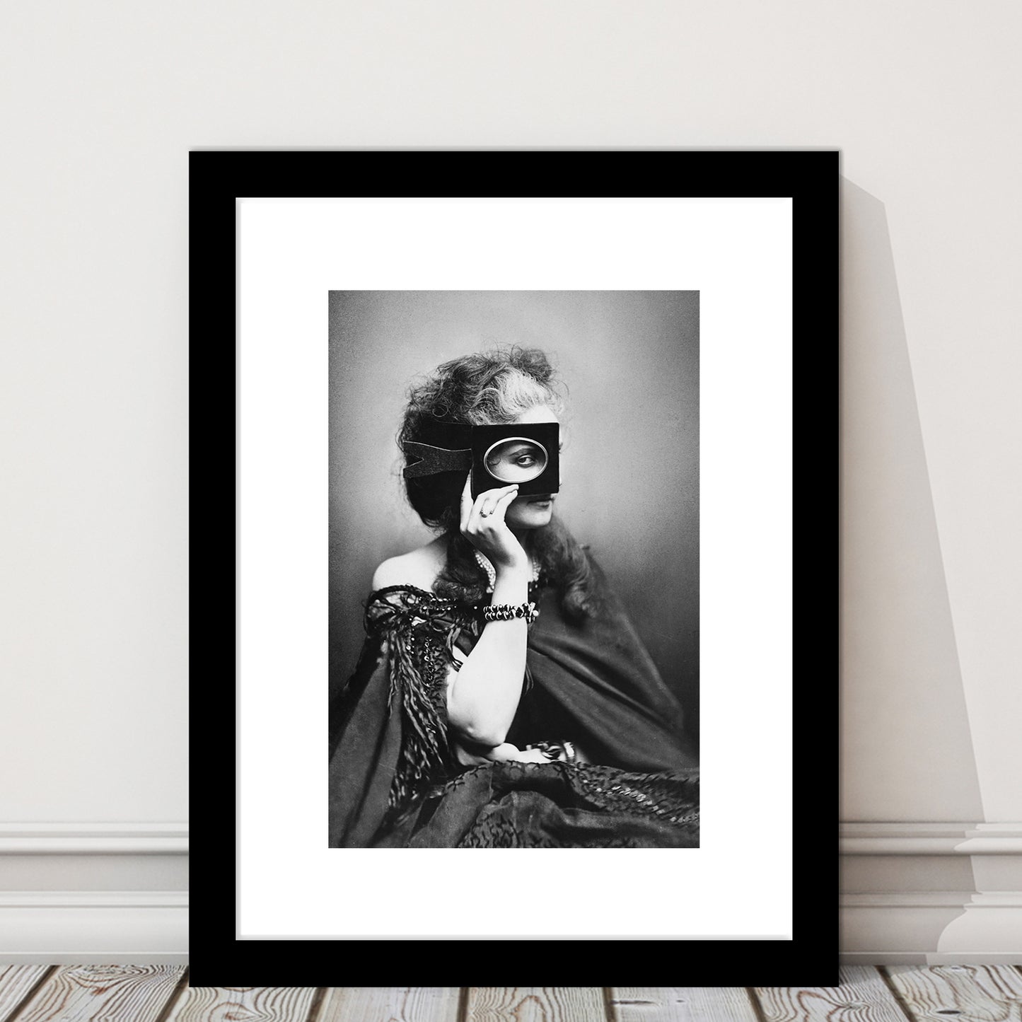 Mysterious Masked Woman Portrait Black and White Art Victorian Photo, Framed Art Print White Border Wall Decor