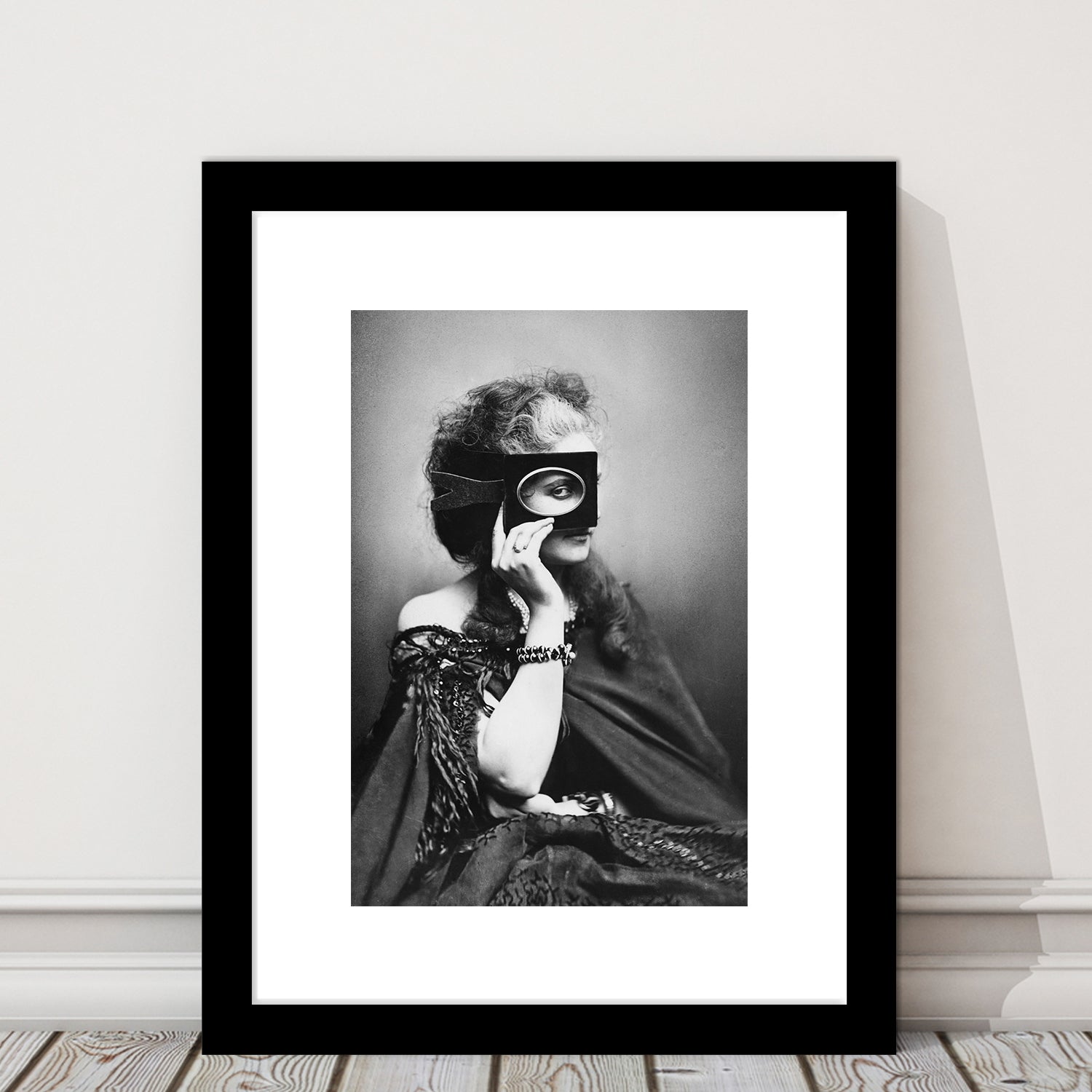 Mysterious Masked Woman Portrait Black and White Art Victorian Photo, Framed Art Print White Border Wall Decor