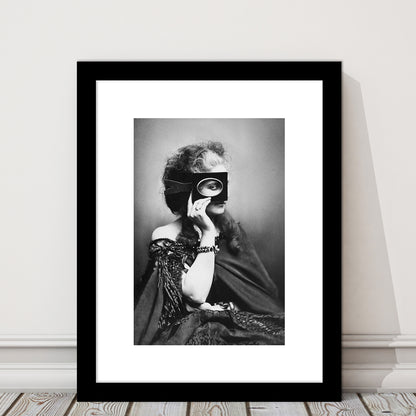 Mysterious Masked Woman Portrait Black and White Art Victorian Photo, Framed Art Print White Border Wall Decor
