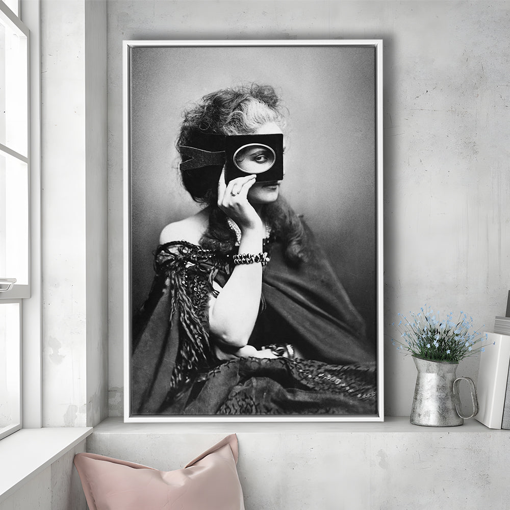 Mysterious Masked Woman Portrait Black and White Art Victorian Photo, Floating Framed Canvas Print