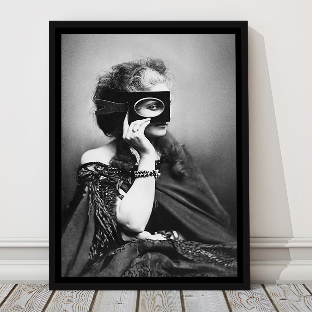 Mysterious Masked Woman Portrait Black and White Art Victorian Photo, Floating Framed Canvas Print