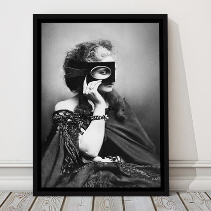 Mysterious Masked Woman Portrait Black and White Art Victorian Photo, Floating Framed Canvas Print