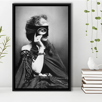 Mysterious Masked Woman Portrait Black and White Art Victorian Photo, Floating Framed Canvas Print