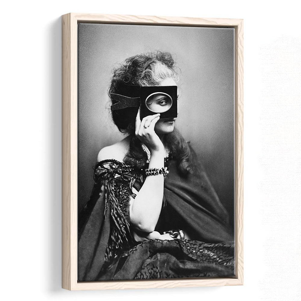Mysterious Masked Woman Portrait Black and White Art Victorian Photo, Floating Framed Canvas Print
