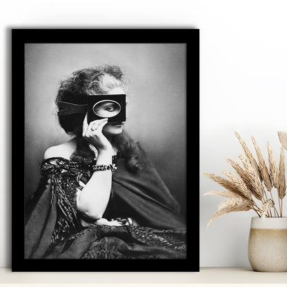 Mysterious Masked Woman Portrait Black and White Art Victorian Photo, Framed Art Print Wall Decor