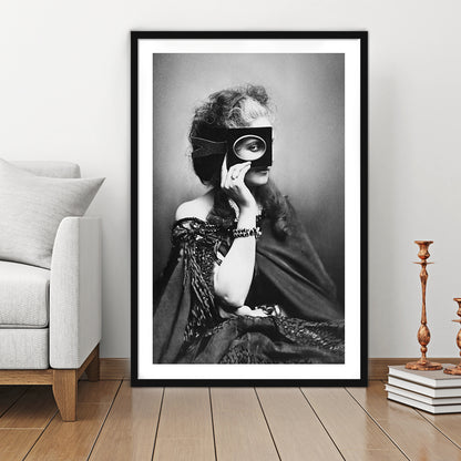 Mysterious Masked Woman Portrait Black and White Art Victorian Photo, Framed Art Print White Border Wall Decor