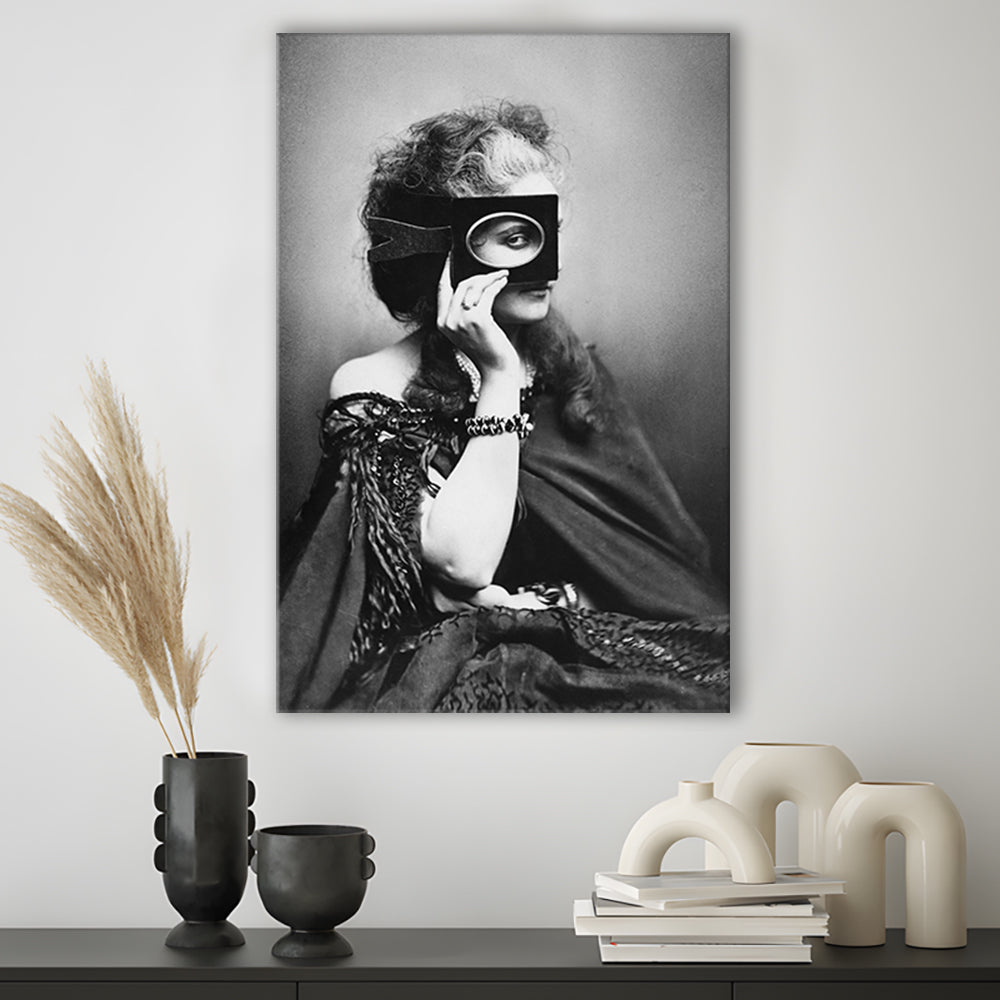 Mysterious Masked Woman Portrait Black and White Art Victorian Photo, Canvas Print Wall Art