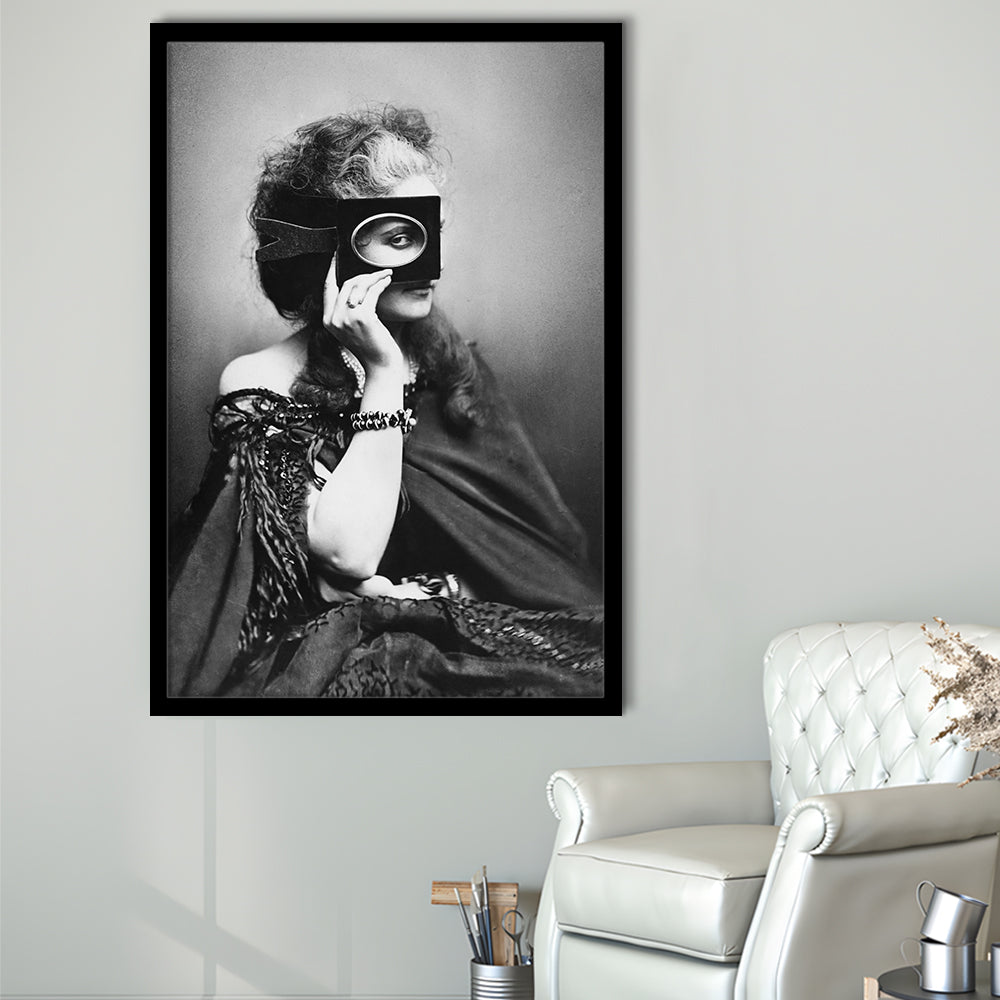Mysterious Masked Woman Portrait Black and White Art Victorian Photo, Framed Art Print Wall Decor