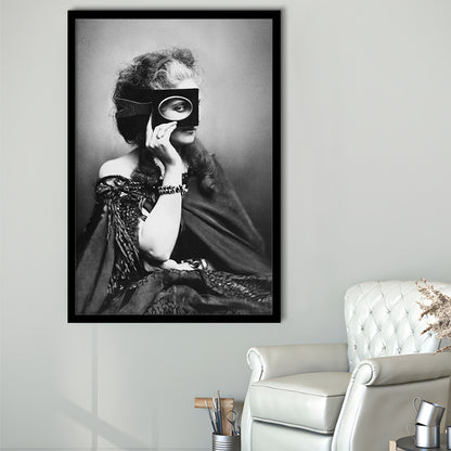 Mysterious Masked Woman Portrait Black and White Art Victorian Photo, Framed Art Print Wall Decor