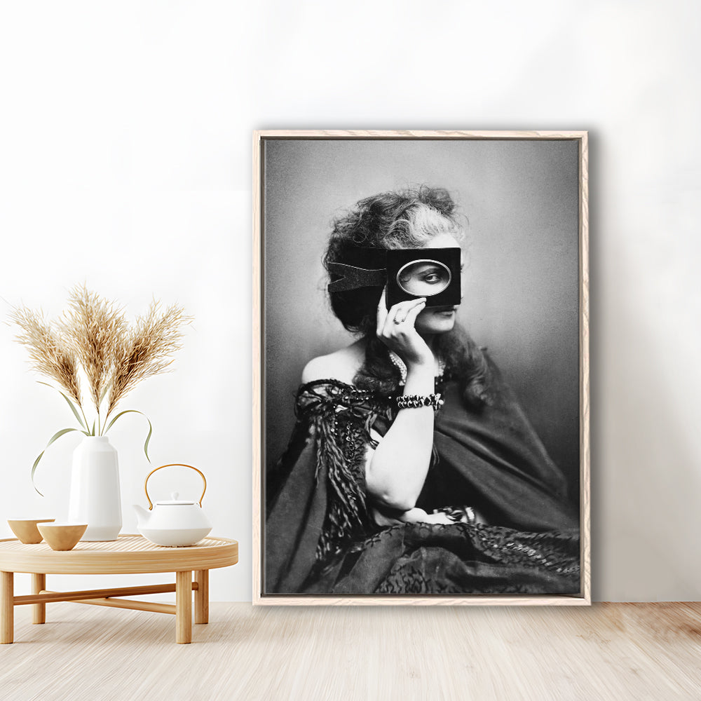 Mysterious Masked Woman Portrait Black and White Art Victorian Photo, Floating Framed Canvas Print