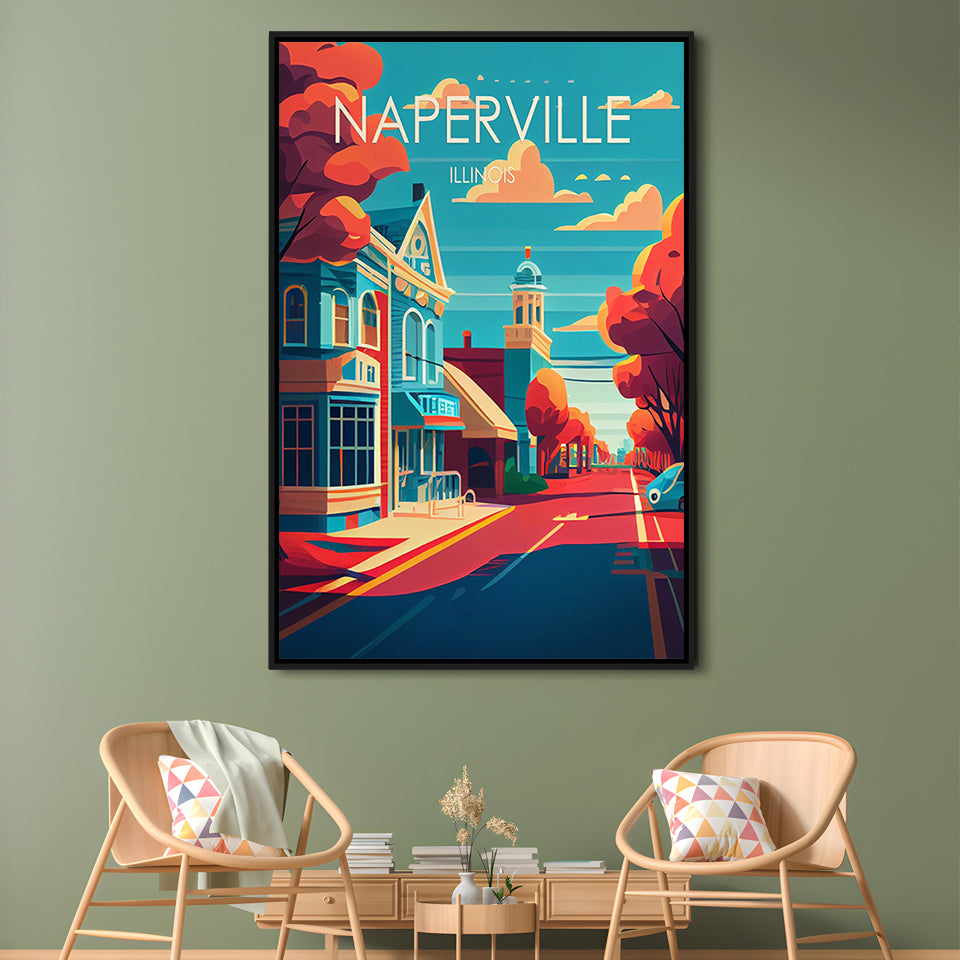 Naperville Illinois Retro Art Print, Naperville City Wall Art, Floating Framed Canvas Print, Framed Picture, Painting Canvas