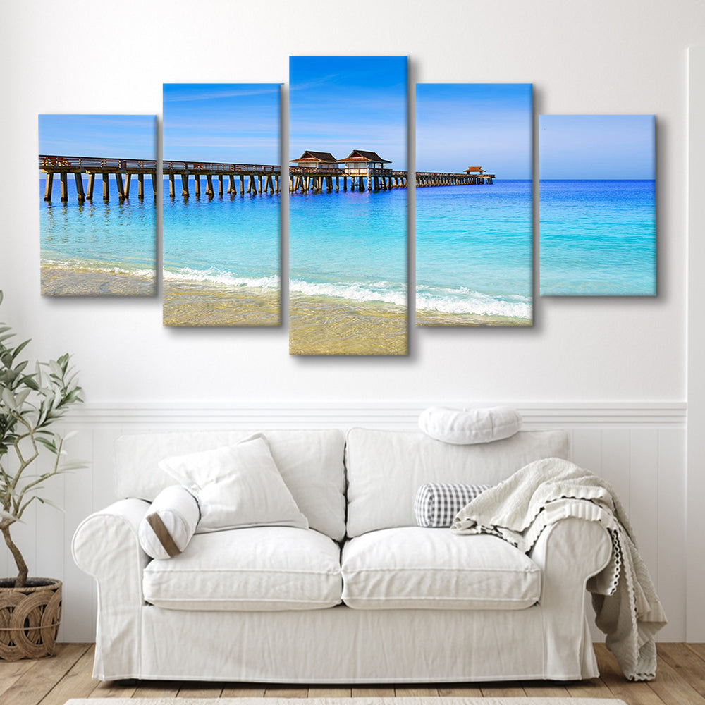 Naples Pier and Beach in Florida USA, Extra Large Wall Art, Extra Large Wall Decor, 5 Piece Large Cavas Print Wall Art