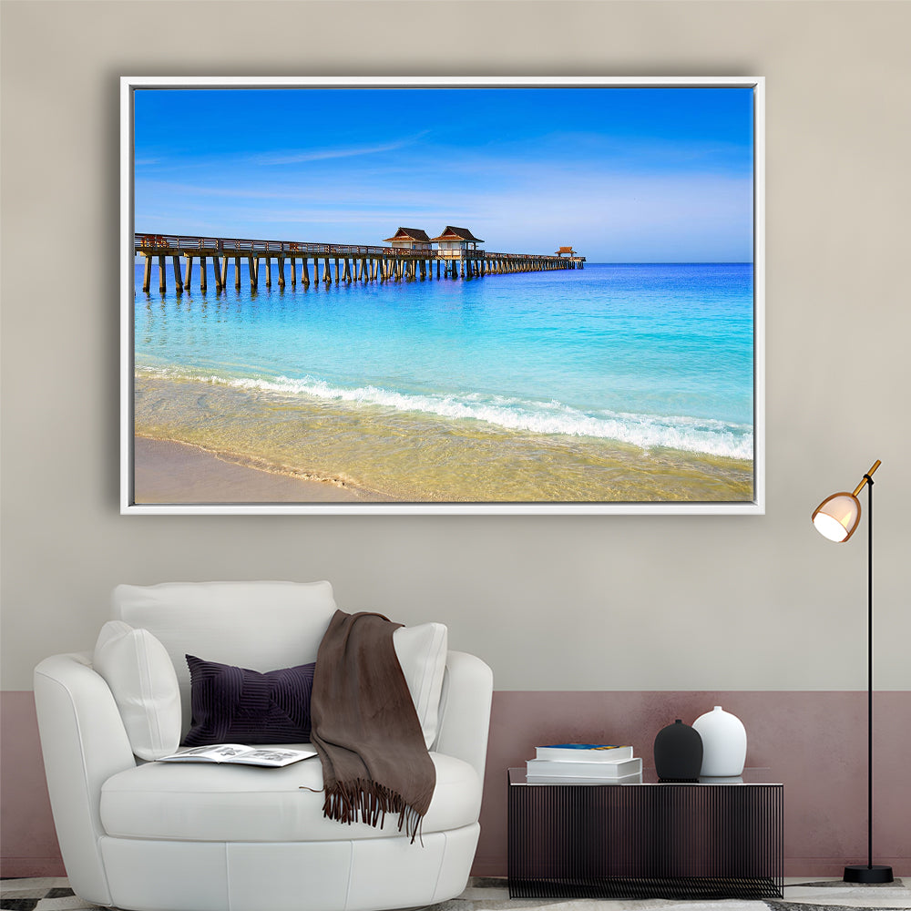 Naples Pier And Beach In Florida Usa, Extra Large Wall Art, Extra Large Wall Decor, Framed Cavas Print, Floating Frame