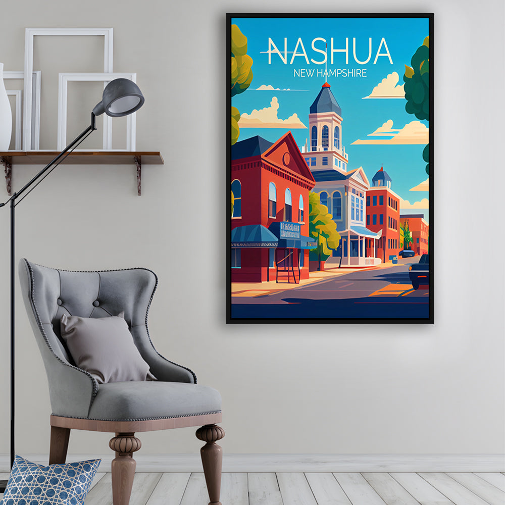 Nashua New Hampshire Retro Art Print, Nashua City Wall Art, Floating Framed Canvas Print, Framed Picture, Painting Canvas