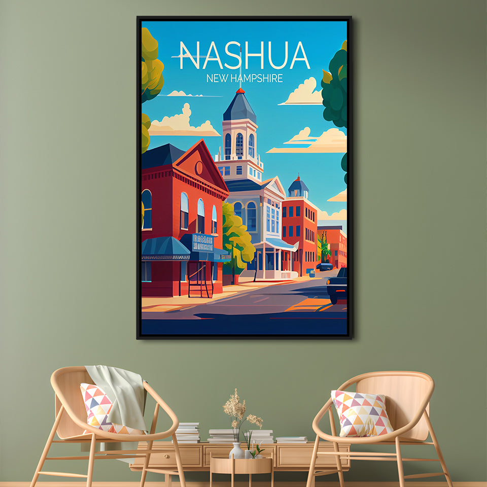 Nashua New Hampshire Retro Art Print, Nashua City Wall Art, Floating Framed Canvas Print, Framed Picture, Painting Canvas