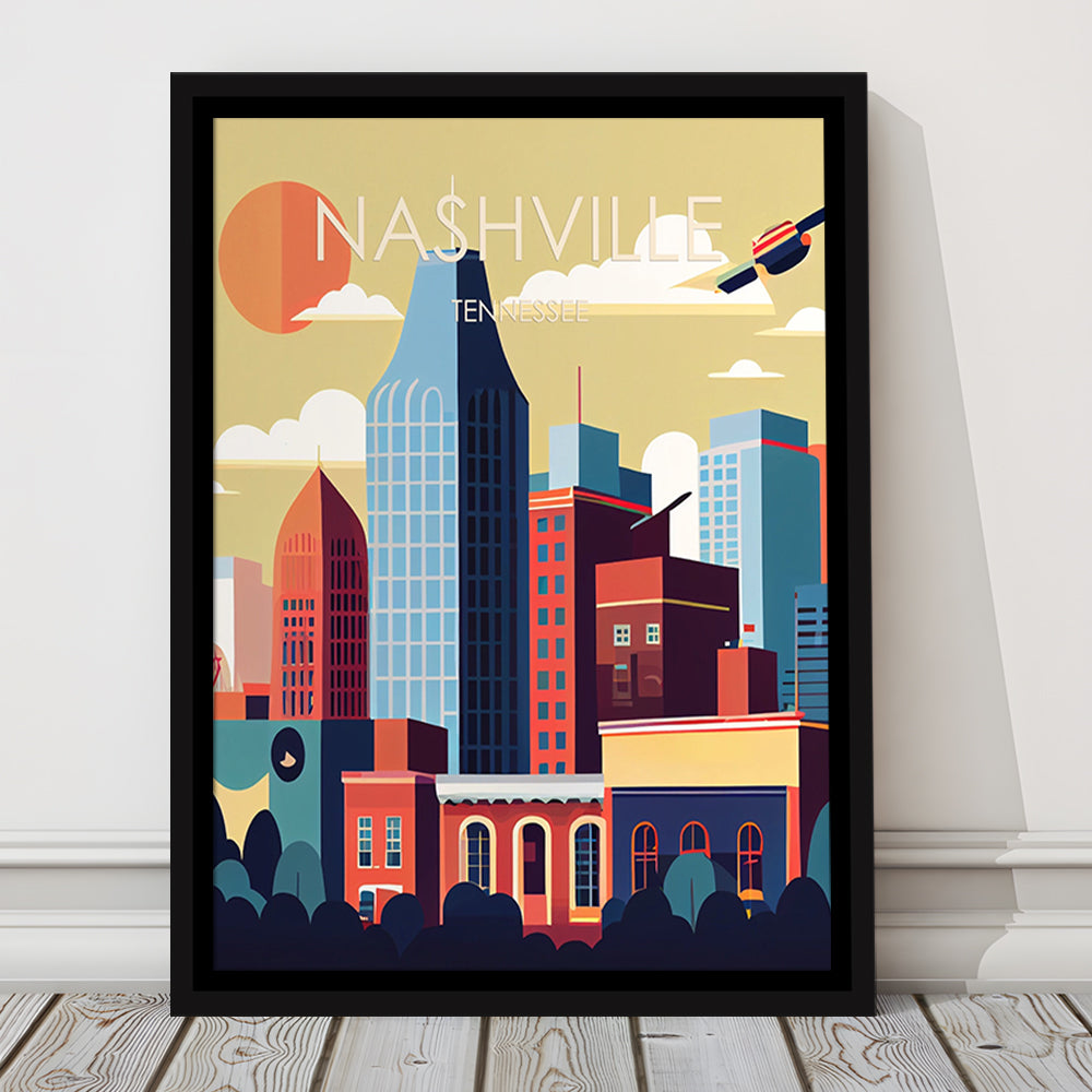 Nashville Retro Art Print, Nashville City Wall Art, Floating Framed Canvas Print, Framed Picture, Painting Canvas