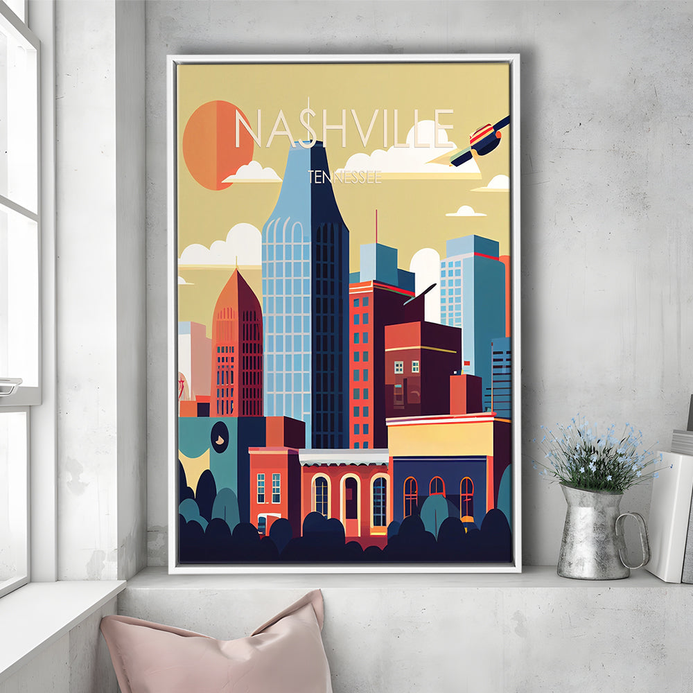 Nashville Retro Art Print, Nashville City Wall Art, Floating Framed Canvas Print, Framed Picture, Painting Canvas