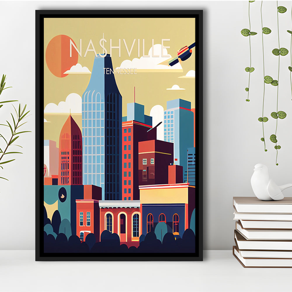 Nashville Retro Art Print, Nashville City Wall Art, Floating Framed Canvas Print, Framed Picture, Painting Canvas