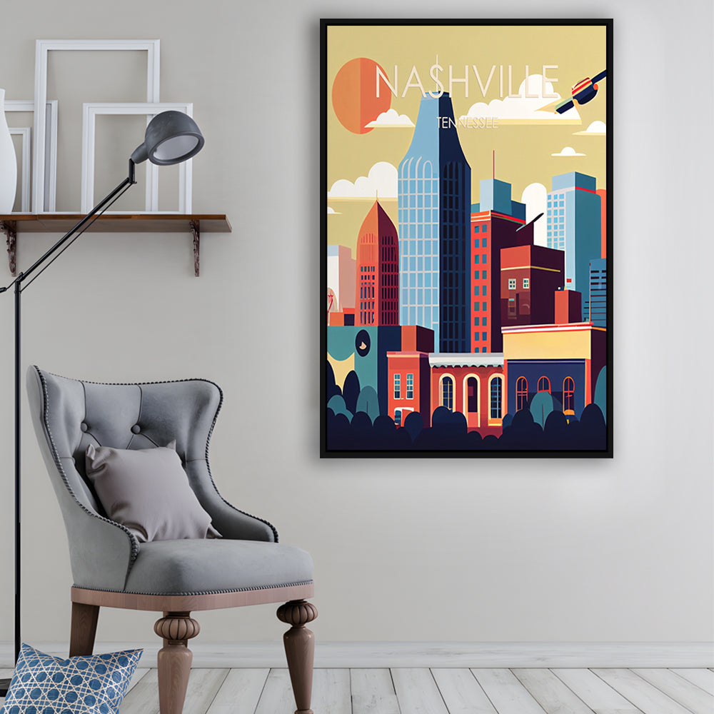 Nashville Retro Art Print, Nashville City Wall Art, Floating Framed Canvas Print, Framed Picture, Painting Canvas