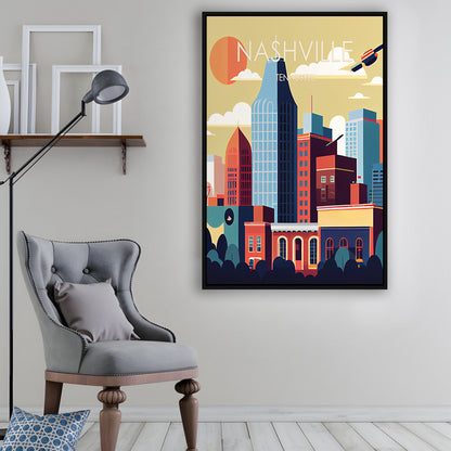 Nashville Retro Art Print, Nashville City Wall Art, Floating Framed Canvas Print, Framed Picture, Painting Canvas