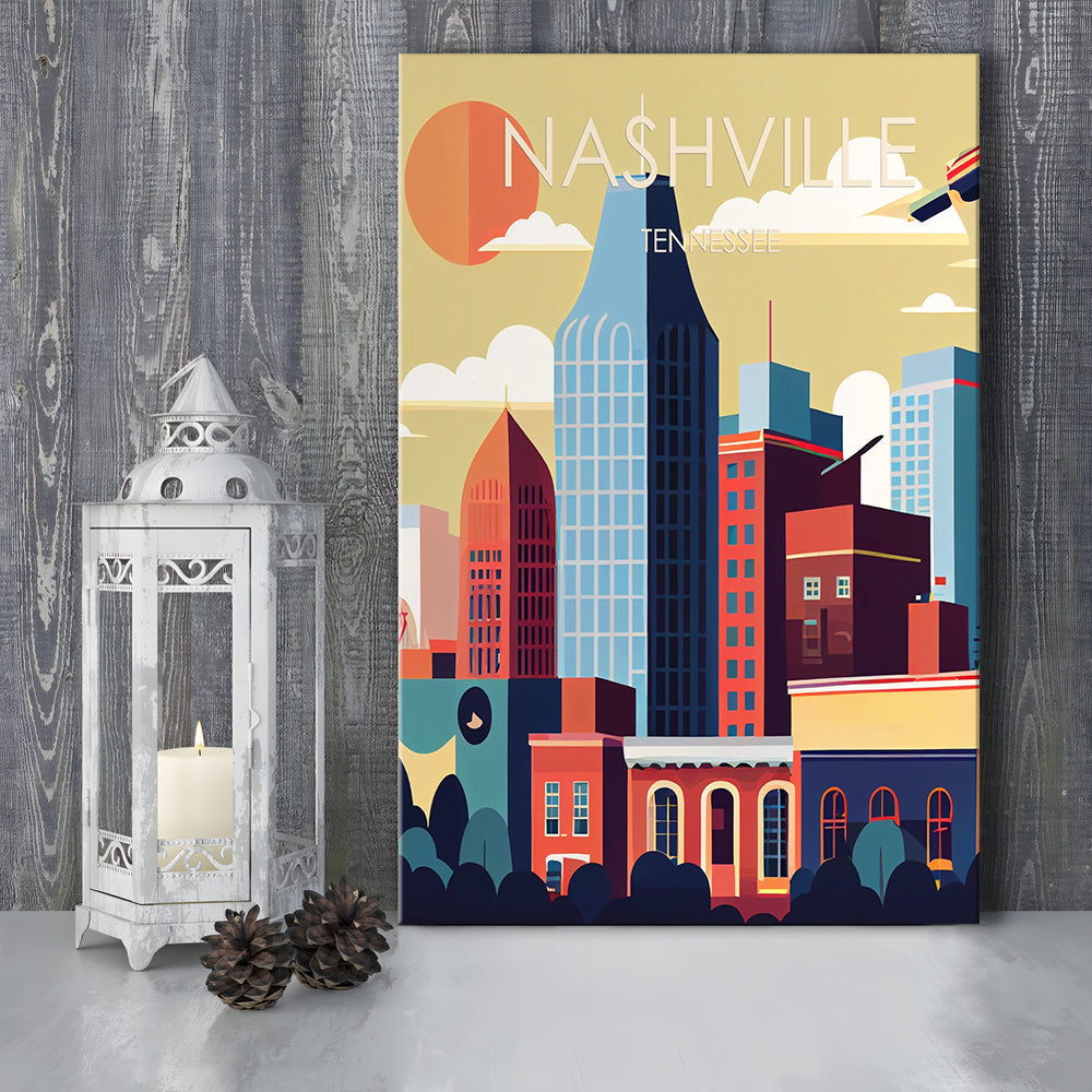 Nashville Retro Art Print, Nashville City Wall Art, Canvas Print, Painting Canvas, Living Room Decor
