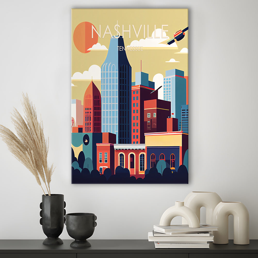 Nashville Retro Art Print, Nashville City Wall Art, Canvas Print, Painting Canvas, Living Room Decor