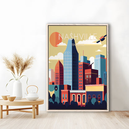 Nashville Retro Art Print, Nashville City Wall Art, Floating Framed Canvas Print, Framed Picture, Painting Canvas